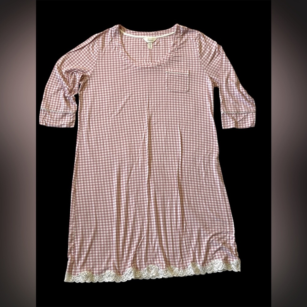 Soma Women’s Sleep Dress Pink White Gingham 3/4 Sleeve V Neck Pocket Gown Lace